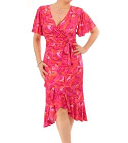 Pink and Orange Print Flutter Sleeve Ruffle Dress