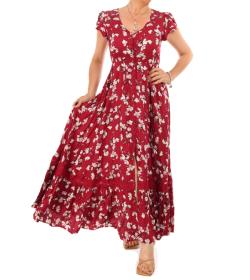Red and White Floral Print Button Through Maxi Dress