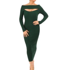 Dark Green Cable Knit off the Shoulder Dress