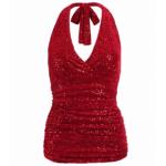 Red Velour Sequin Figure Hugging Halter Top