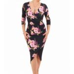 Black and Pink Floral Mock Wrap Dress