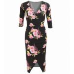 Black and Pink Floral Mock Wrap Dress