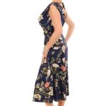 Navy Blue Floral V Neck Fit and Flare Dress