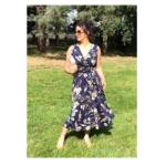 Navy Blue Floral V Neck Fit and Flare Dress