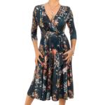 Dark Teal Floral Fit & Flare Tie Detail Dress