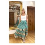 Green and Ivory Paisley Tiered Maxi Skirt