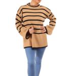 Camel and Black Striped Bell Sleeve Jumper