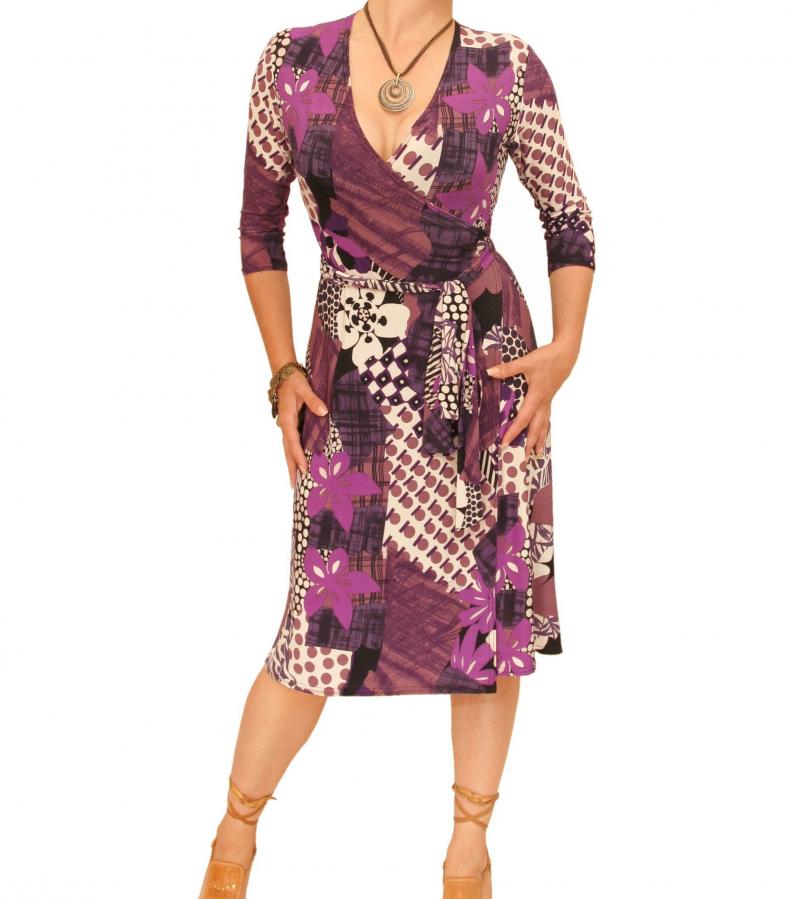 Purple Print Slinky Wrap Dress