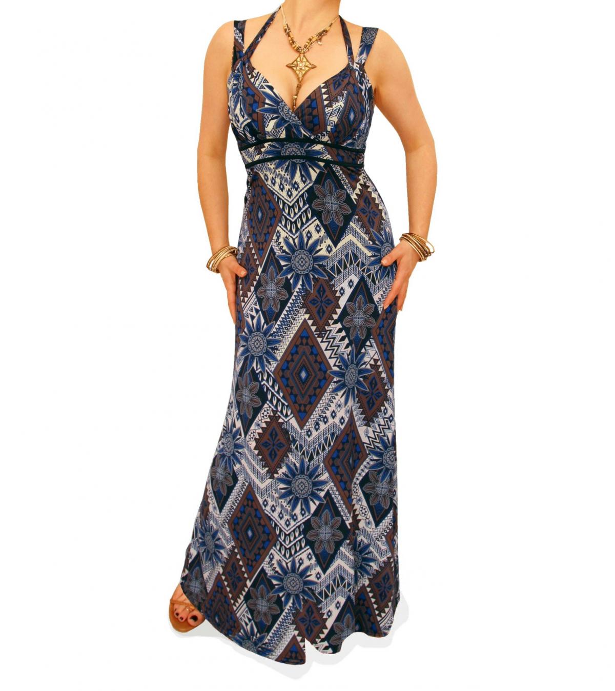 Navy Blue and Mocha Aztec Print Maxi Dress