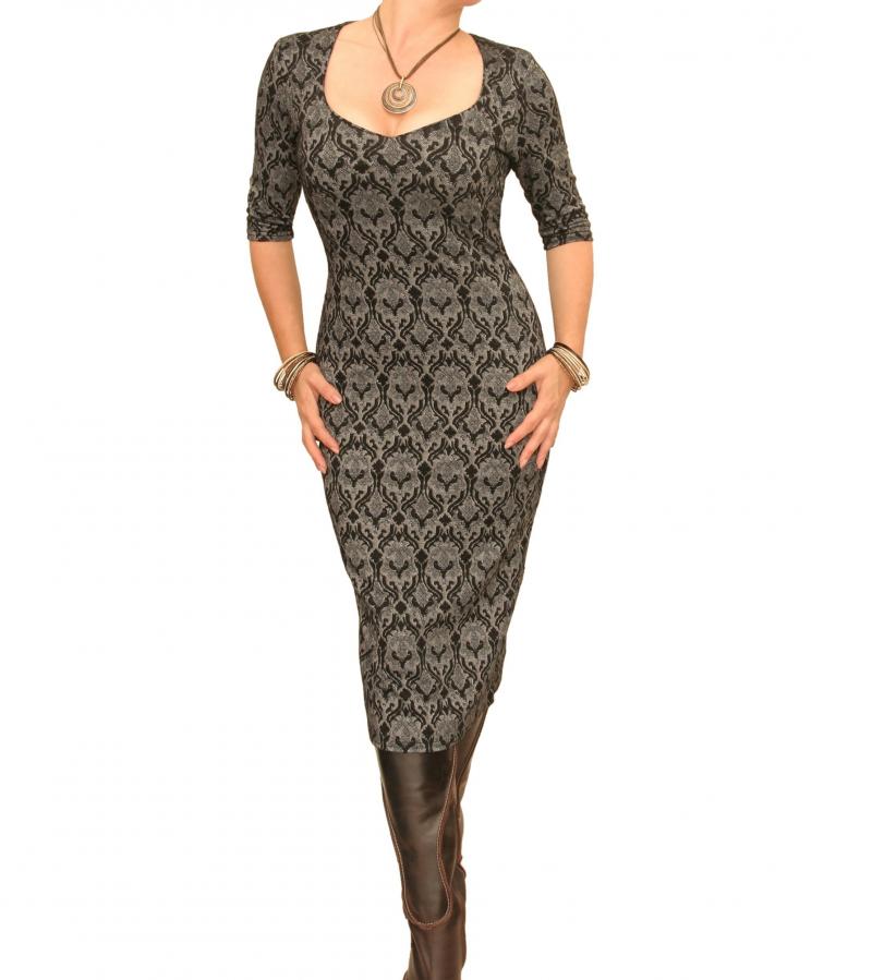 Grey and Black Print Stretch Pencil Dress