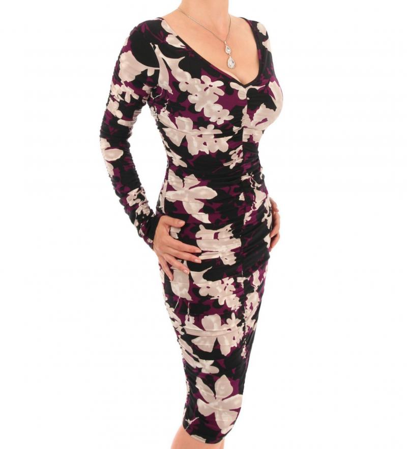 Plum Floral Ruched V Neck Dress