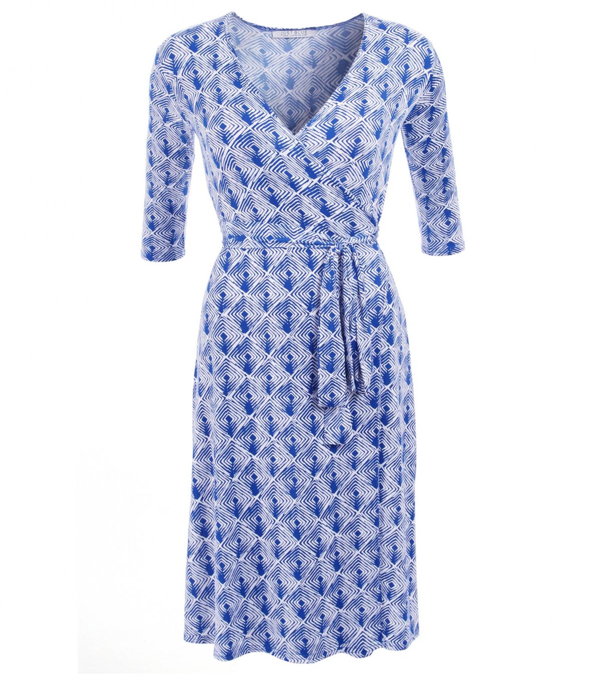 Blue and White Graphic Print Wrap Dress