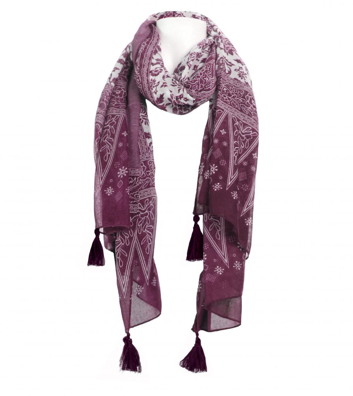 Plum and White Printed Tassel Scarf / Sarong