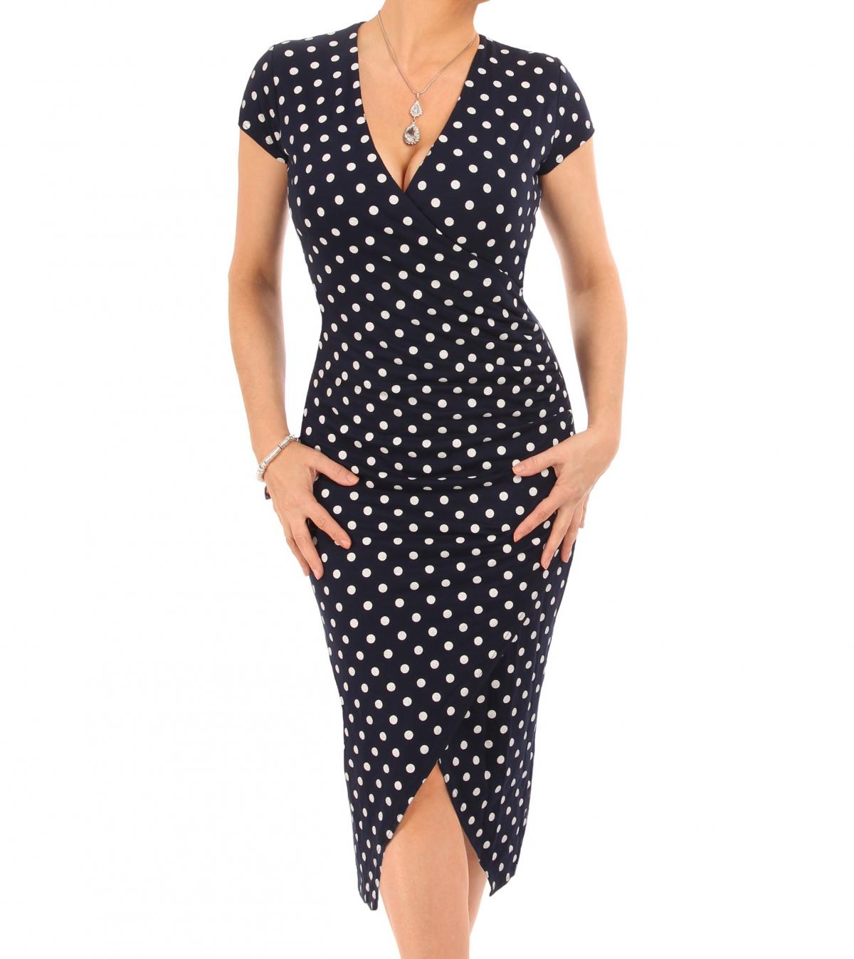 Navy Blue Spot Print Mock Wrap Dress