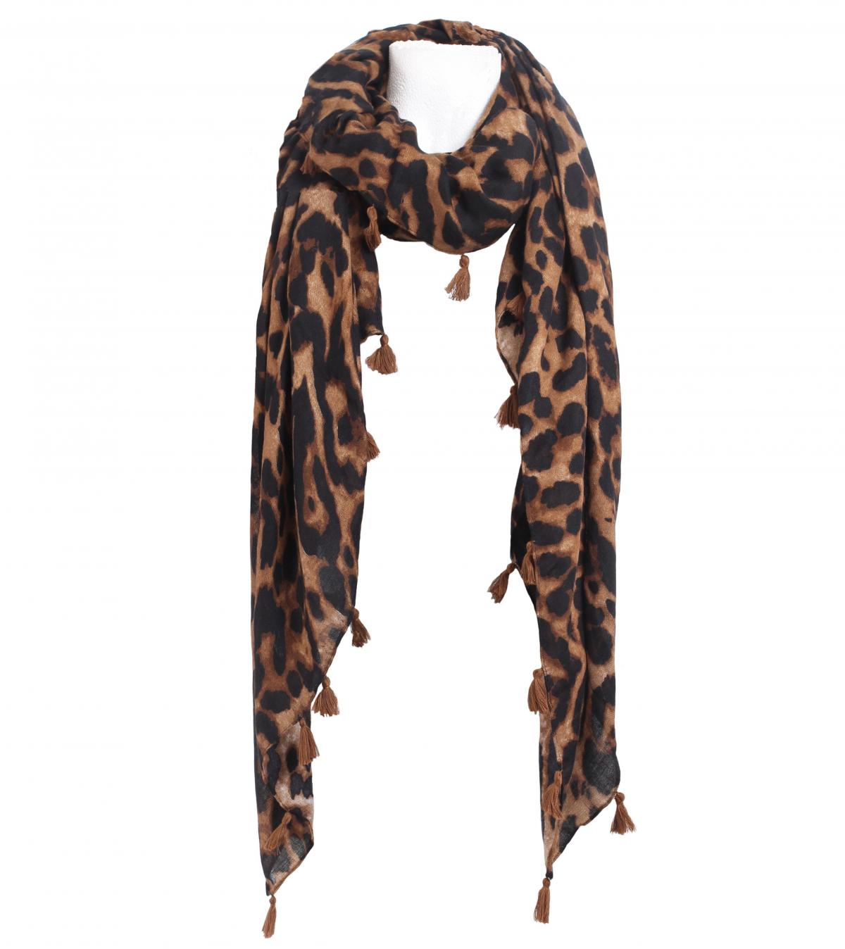 Black and Brown Animal Print Tassel Scarf / Sarong