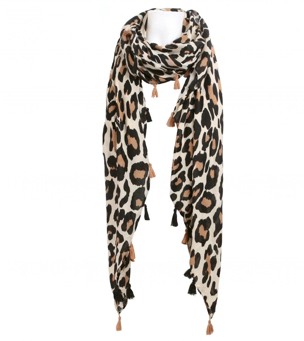 Black and Cream Animal Print Tassel Scarf / Sarong