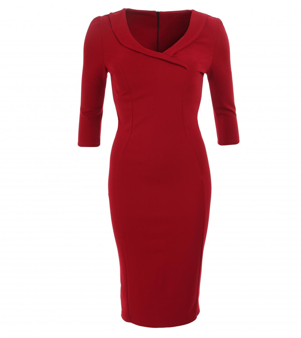 Wine Collar Detail Pencil Midi Dress