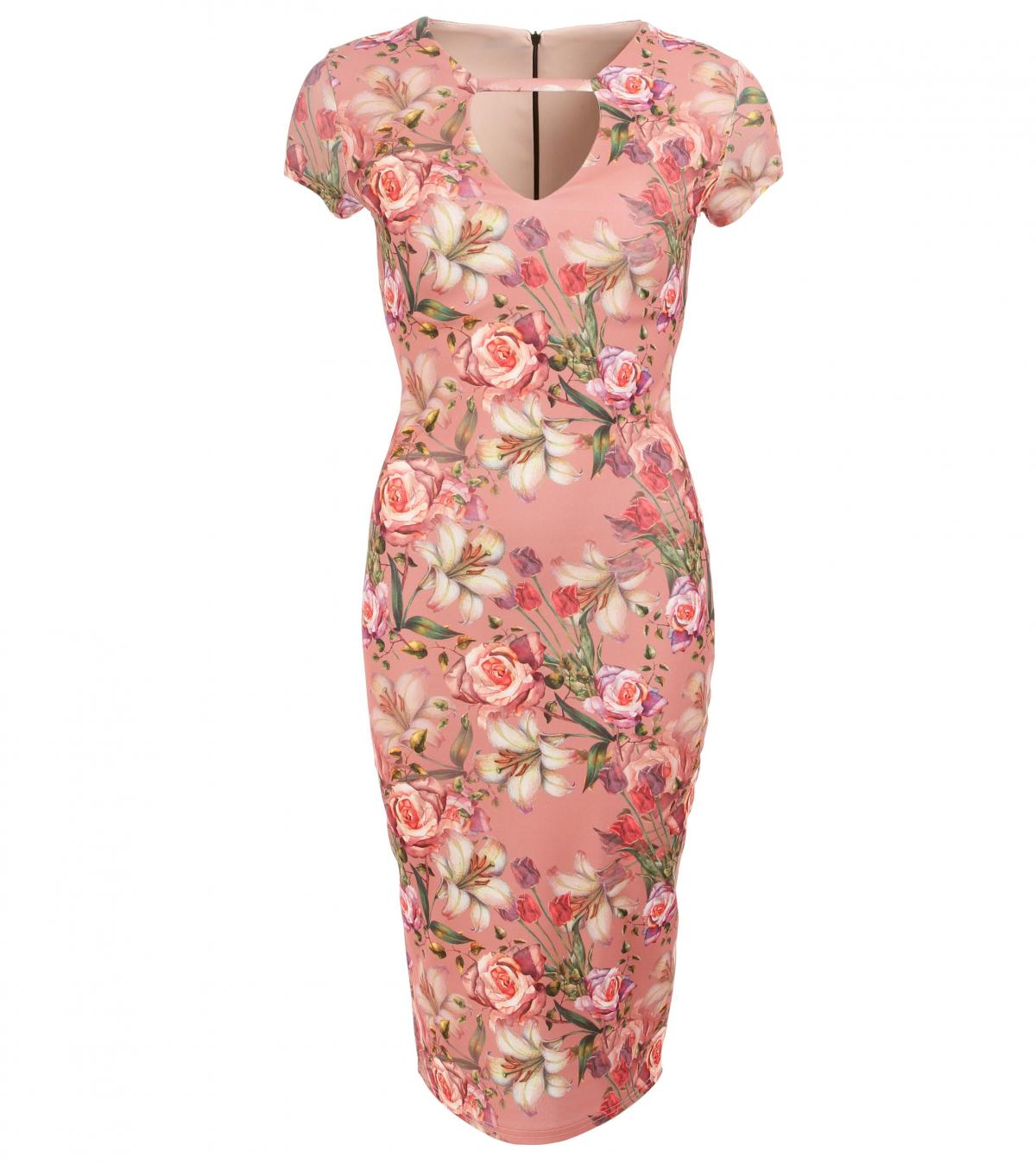 Pink Floral Print Midi Dress