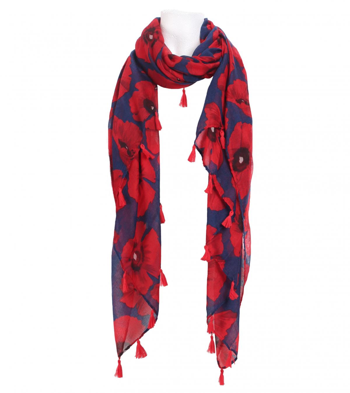 Navy and Red Poppy Print Tassel Scarf / Sarong