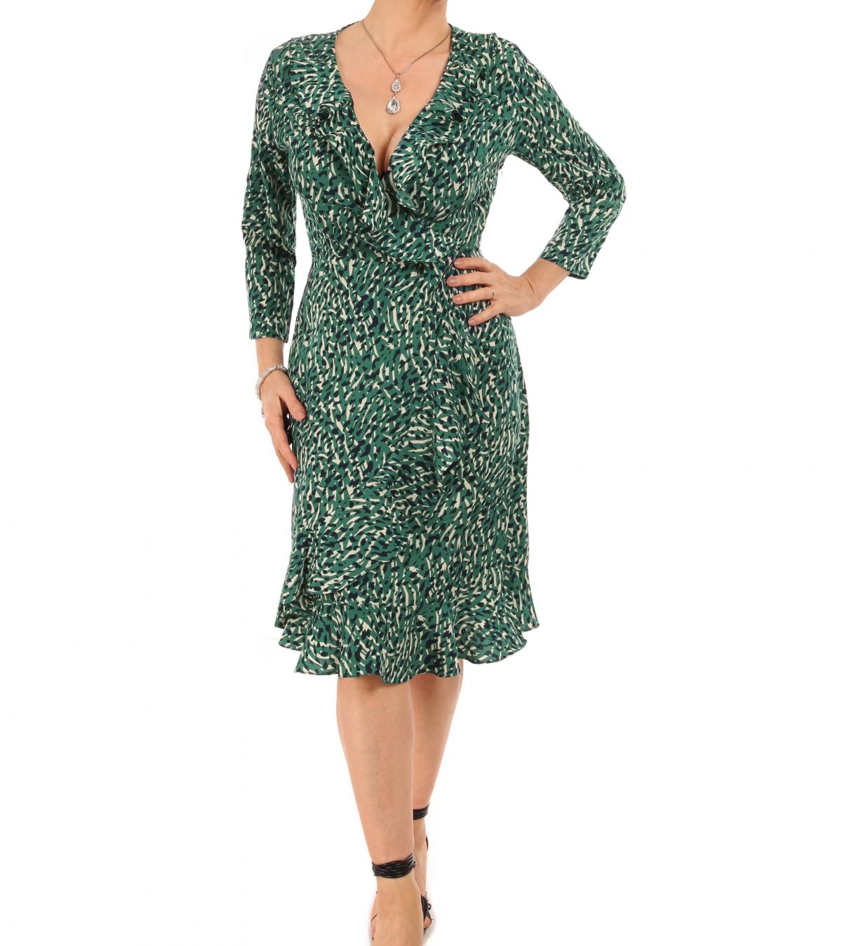 Green Print Ruffled Mock Wrap Dress