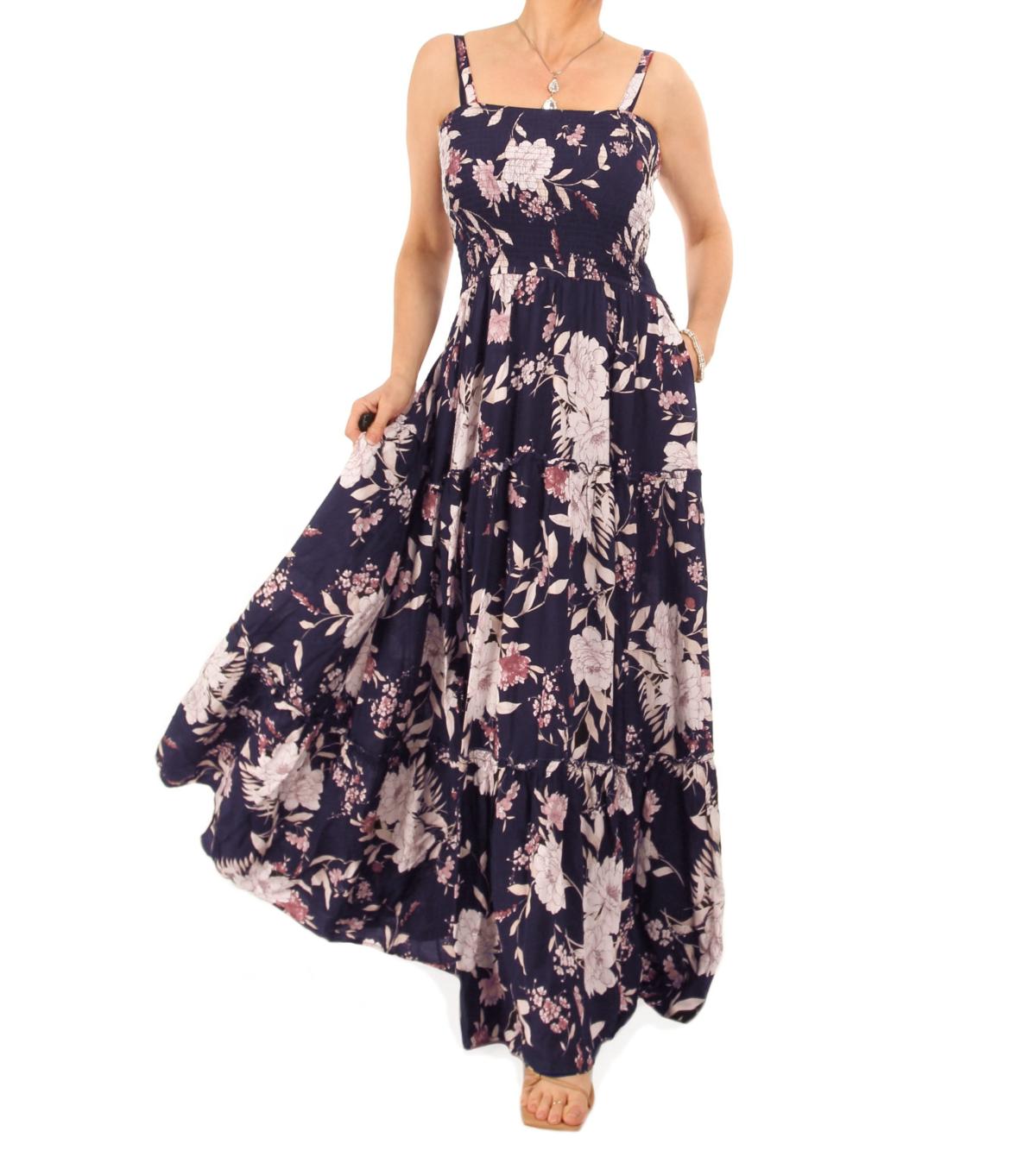 Navy Blue and Pink Floral Strappy Maxi Dress