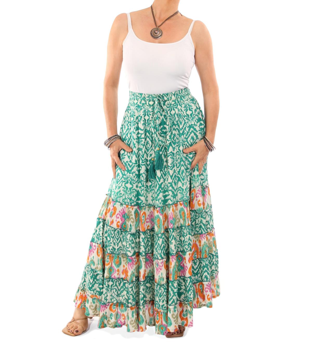 Green and Ivory Paisley Tiered Maxi Skirt