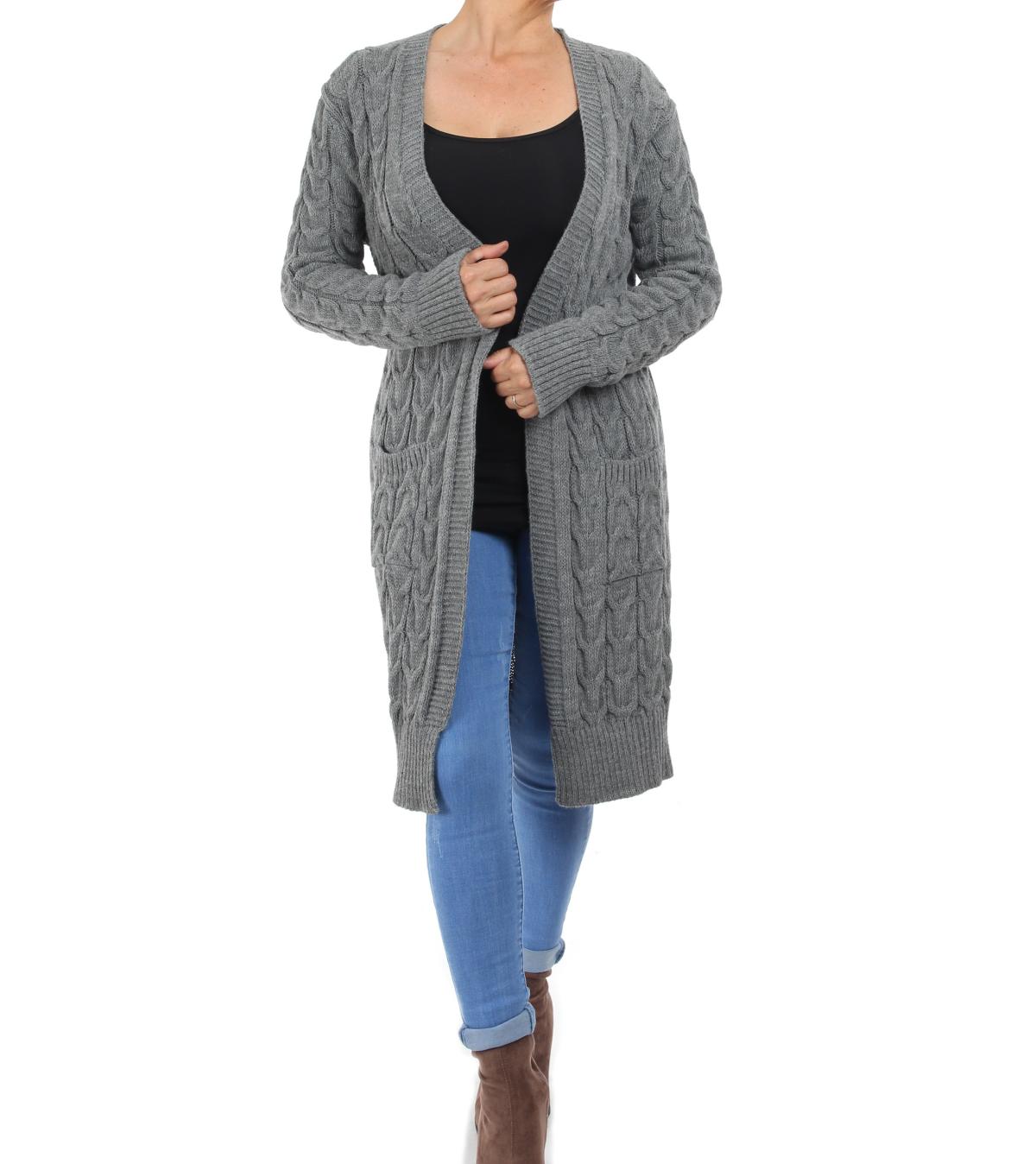 Grey Cable Knit Long Cardigan