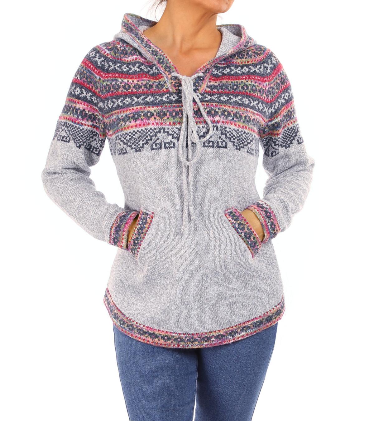 Light Grey Fair Isle Hooded V Neck Jumper