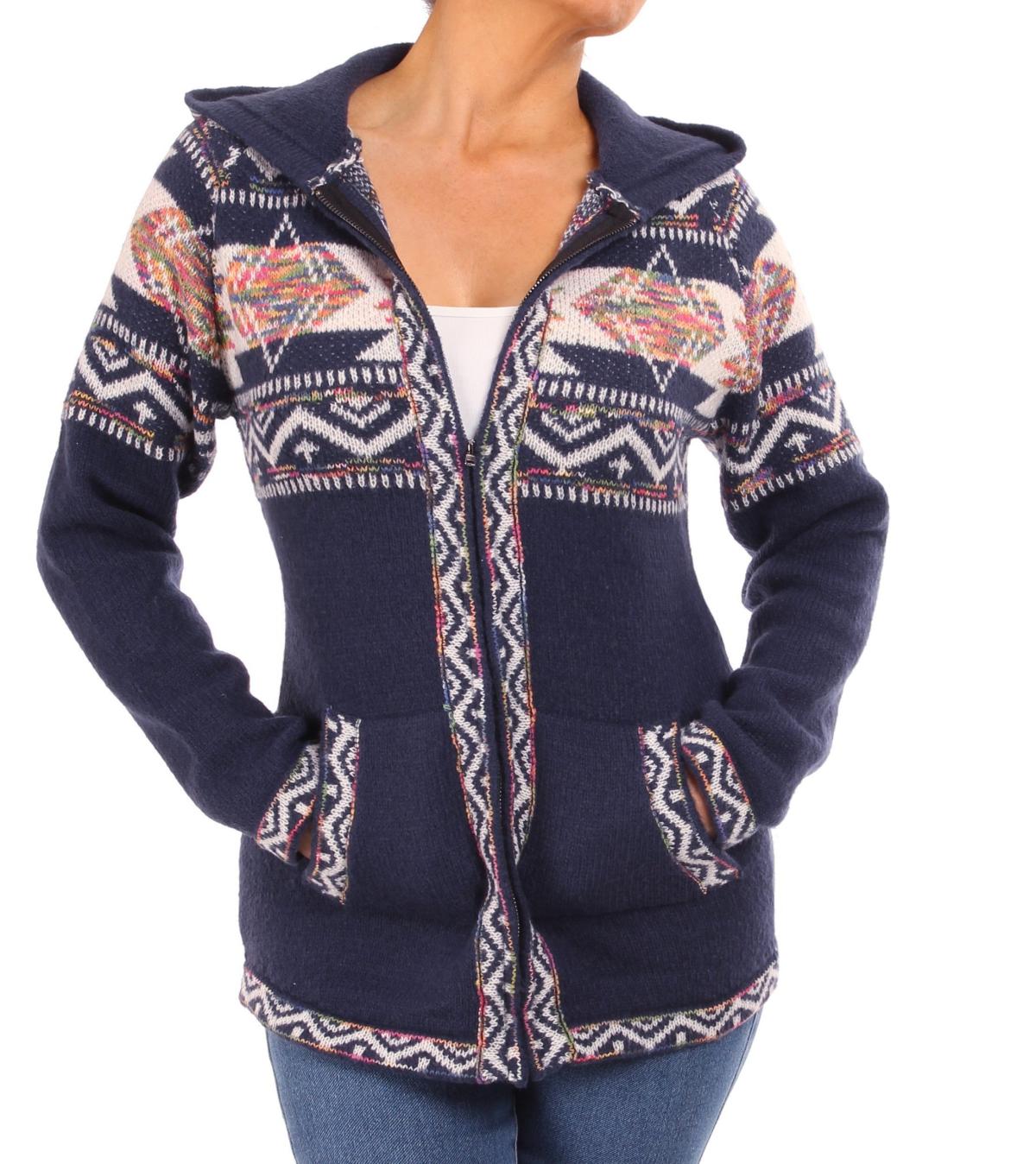 Navy Blue Aztec Zip up Hooded Cardigan