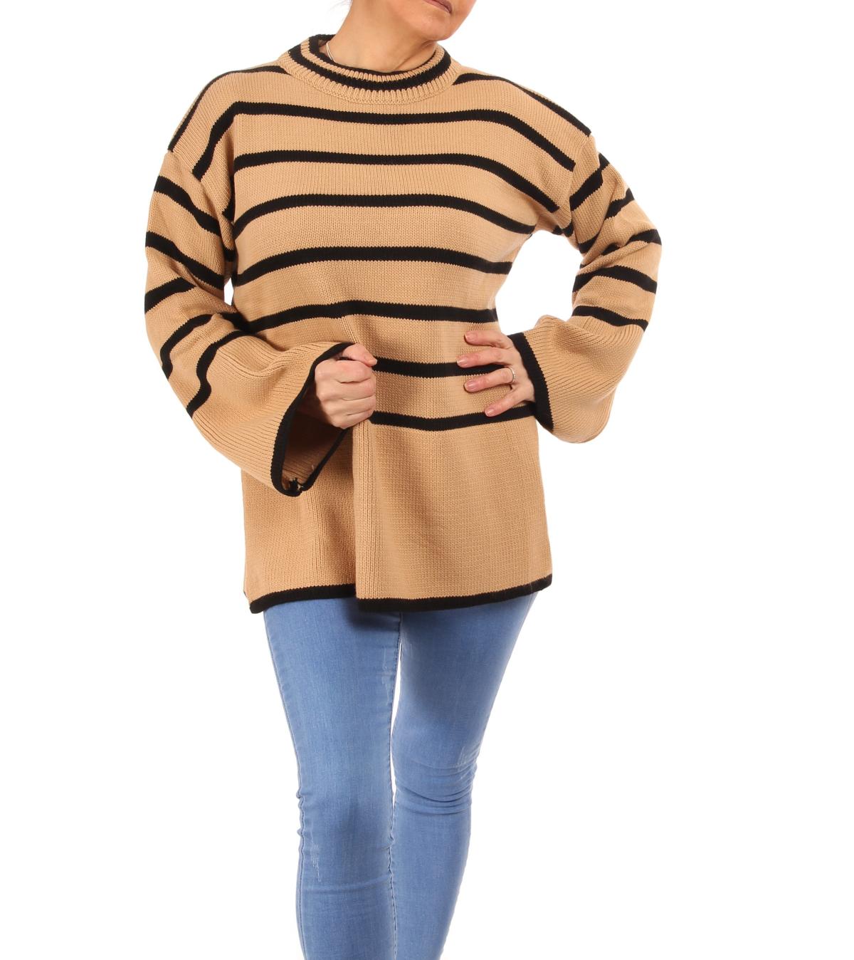 Camel and Black Striped Bell Sleeve Jumper